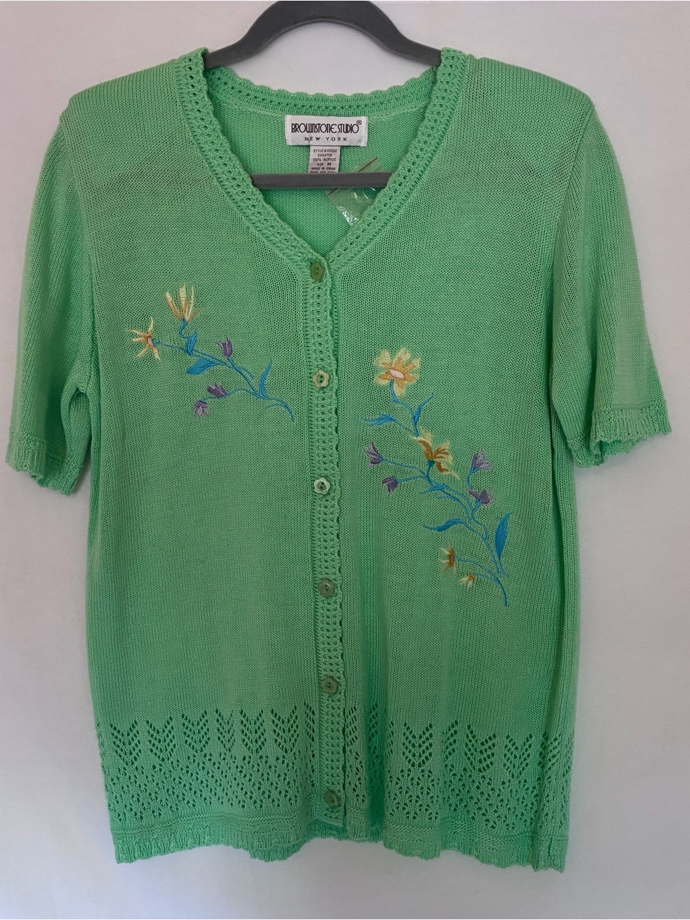 VTG Brownstone Studio NY Mint Green Embroidered Floral Cardigan M, Shoulder Pads